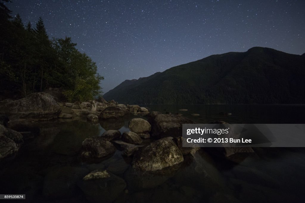 Starry night by a rocky beach