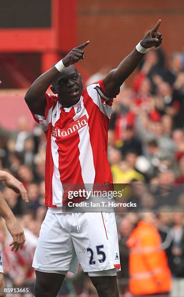 Abdoulaye Faye celebrates his goal during The Barclays Premier League game between Stoke City and Newcastle United at The Britannia Stadium, on April...