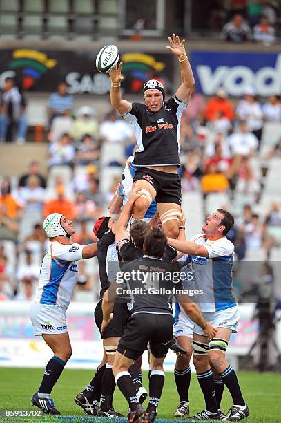 Albert van den Berg of the Sharks in the lineout during the Super 14 match between Cheetahs and the Sharks at Vodacom Park on April 11, 2009 in...