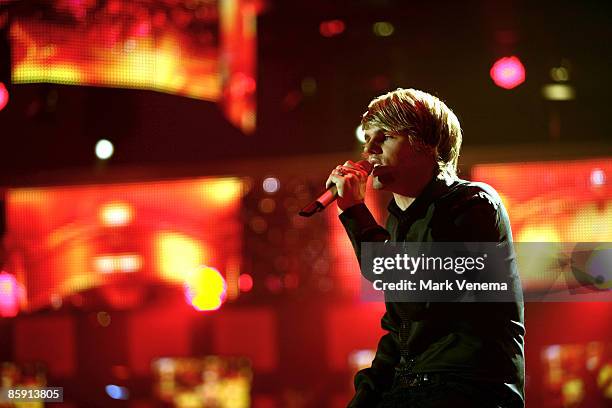 Daniel Schuhmacher performs his song during the rehearsal for the singer qualifying contest DSDS 'Deutschland sucht den Superstar' 5th motto show on...