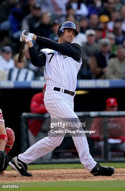 Seth Smith of the Colorado Rockies pinch hits against the Philadelphia Phillies during MLB action on Opening Day at Coors Field on April 10, 2009 in...