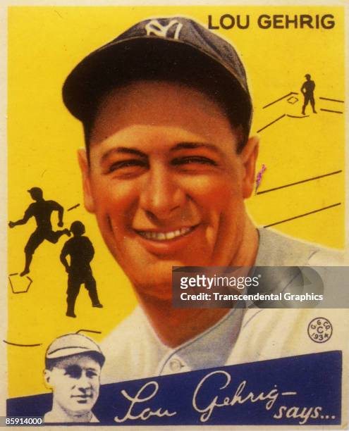 Color lithographic baseball bubble gum card showing legendary first baseman Lou Gehrig of the New York Yankees, New York, 1934.