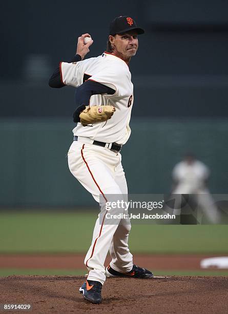 Randy Johnson of the San Francisco Giants pitches against the Milwaukee Brewers during a Major League Baseball game on April 8, 2009 at AT&T Park in...