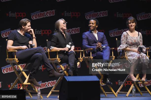 Bill Skarsgard, Sissy Spacek, Andre Holland and Melanie Lynskey speak onstage at the Castle Rock Panel during the New York Comic Con 2017 on October...