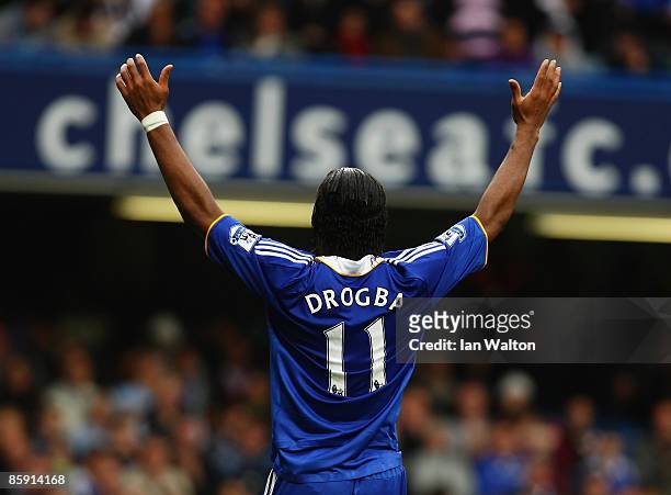 Didier Drogba of Chelsea celebrates during the Barclays Premier League match between Chelsea and Bolton Wanderers at Stamford Bridge on April 11,...