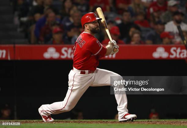 Danny Espinosa of the Los Angeles Angels of Anaheim hits a double to right field in the fifth inning during the MLB game against the Minnesota Twins...