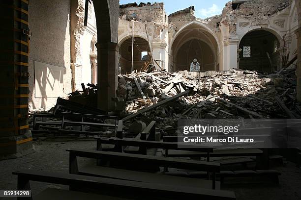 Rubble still lies on the floor of the Collemaggio Cathedral on April 11, 2009 in L'Aquila, Italy. Easter weekend brings a continuation of the...