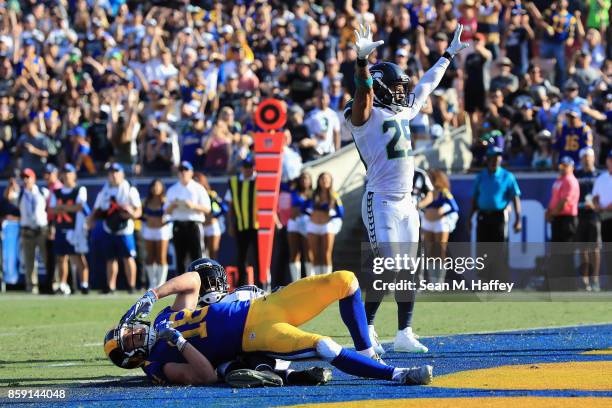 Earl Thomas of the Seattle Seahawks reacts to a broken pass play to Cooper Kupp of the Los Angeles Rams during the second half of a game at Los...