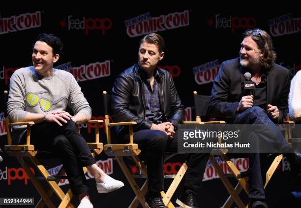 Robin Lord Taylor, Ben McKenzie and Donal Logue speak onstage at the Gotham Panel during the 2017 New York Comic Con on October 8, 2017 in New York...