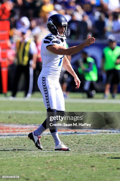 Blair Walsh of the Seattle Seahawks prepares to kick a field goal during the game against the Los Angeles Rams at the Los Angeles Memorial Coliseum...