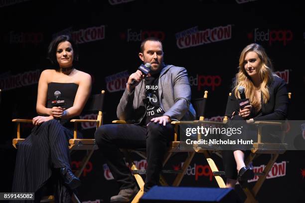Jaimie Alexander, Sullivan Stapleton and Ashley Johnson speak onstage during the Blindspot Panel at 2017 New York Comic Con on October 8, 2017 in New...