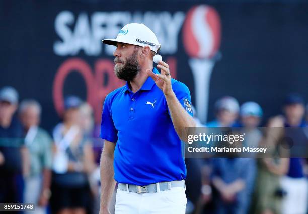 Graham DeLaet of Canada reacts to his putt on the 18th hole during the final round of the Safeway Open at the North Course of the Silverado Resort...