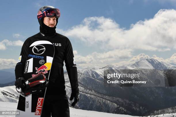 Australian snowboard cross Winter Olympic athlete Alex Pullin poses during a portrait session on August 24, 2017 at Mount Hotham, Australia.