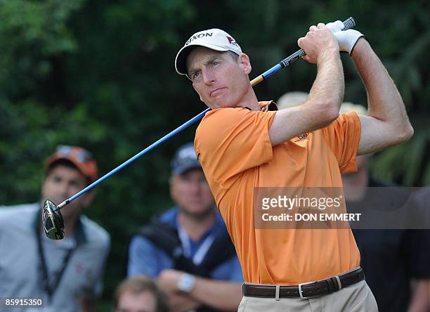 Jim Furyk of the US tees off on the fourteenth hole during the third round of the US Masters at the Augusta National Golf Club on April 11, 2009....