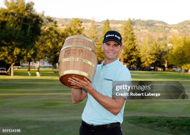 Brendan Steele poses with the trophy after winning The Safeway Open at the North Course of the Silverado Resort and Spa on October 8, 2017 in Napa,...