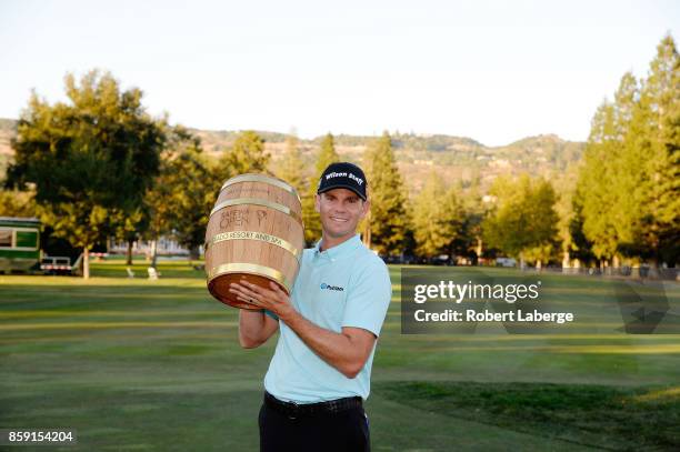 Brendan Steele poses with the trophy after winning The Safeway Open at the North Course of the Silverado Resort and Spa on October 8, 2017 in Napa,...