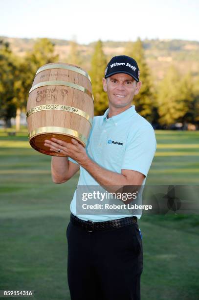 Brendan Steele poses with the trophy after winning The Safeway Open at the North Course of the Silverado Resort and Spa on October 8, 2017 in Napa,...