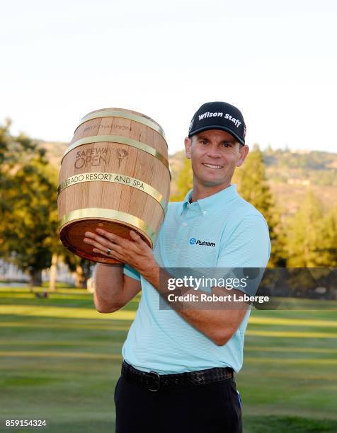 Brendan Steele poses with the trophy after winning The Safeway Open at the North Course of the Silverado Resort and Spa on October 8, 2017 in Napa,...