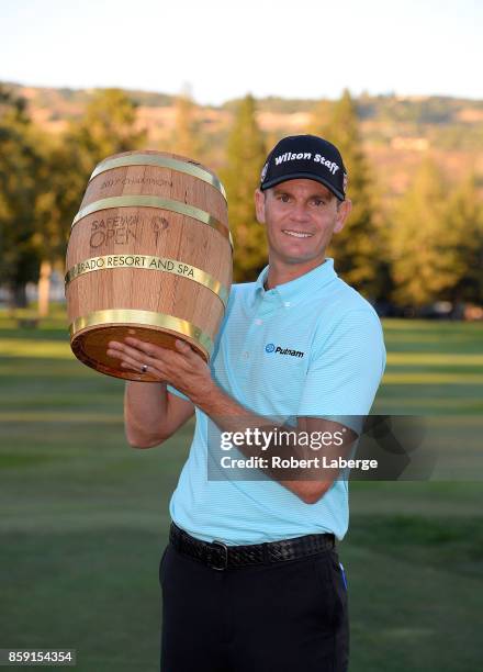 Brendan Steele poses with the trophy after winning The Safeway Open at the North Course of the Silverado Resort and Spa on October 8, 2017 in Napa,...