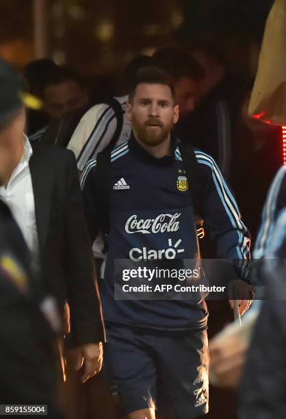 Argentina's Lionel Messi walks upon arrival at a hotel in Guayaquil, Ecuador on October 8 ahead of their FIFA World Cup 2018 qualifier football match...