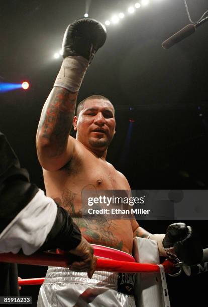 Chris Arreola celebrates after knocking out Jameel McCline in the fourth round of their heavyweight bout at the Mandalay Bay Events Center April 11,...