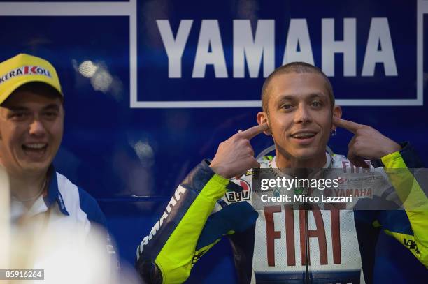 Valentino Rossi of Italy and Fiat Yamaha Team preparing in box during test day two to the Motorcycle Grand Prix of Doha on April 11, 2009 in Doha,...