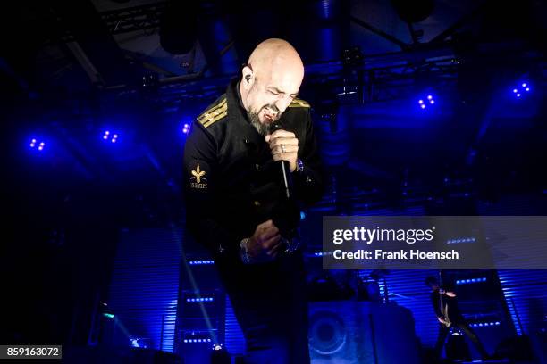 Singer Alexander Wesselsky of the German band Eisbrecher performs live on stage during a concert at the Columbiahalle on October 8, 2017 in Berlin,...