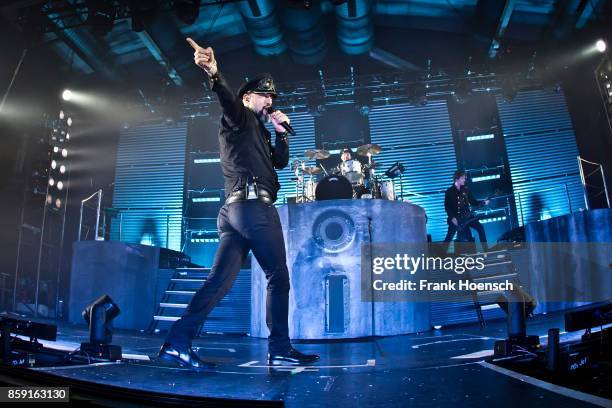 Singer Alexander Wesselsky of the German band Eisbrecher performs live on stage during a concert at the Columbiahalle on October 8, 2017 in Berlin,...