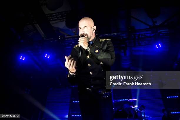 Singer Alexander Wesselsky of the German band Eisbrecher performs live on stage during a concert at the Columbiahalle on October 8, 2017 in Berlin,...