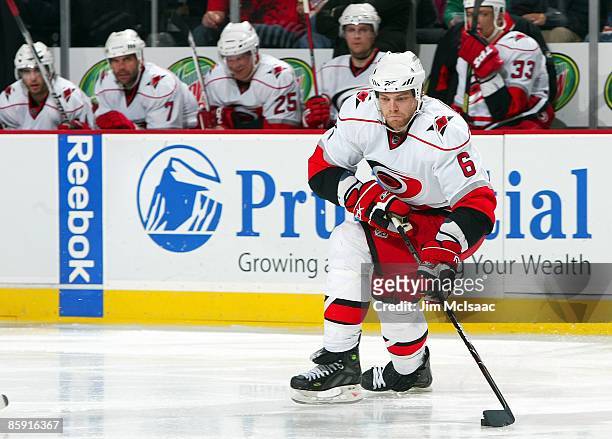 Tim Gleason of the Carolina Hurricanes skates against the New Jersey Devils at the Prudential Center on April 11, 2009 in Newark, New Jersey. The...