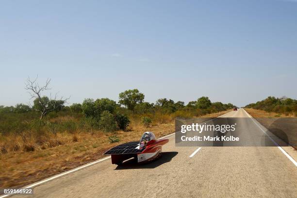 Solar Team Twente vehicle "RED Shift" of Netherland races between Elliott and Tennants Creek in the Challenger Class on Day 2 of the 2017 Bridgestone...