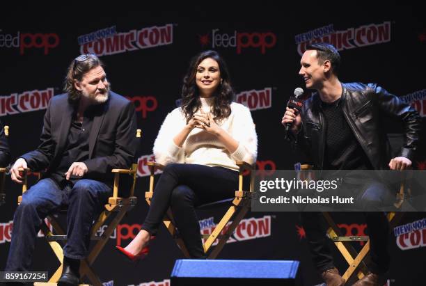 Donal Logue, Morena Baccarin and Cory Michael Smith speak onstage at the Gotham Panel during the 2017 New York Comic Con on October 8, 2017 in New...