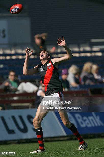 Christian Bock of the Bombers takes a mark during the round one VFL match between the Northern Bullants and the Bendigo Bombers at Visy Park on April...