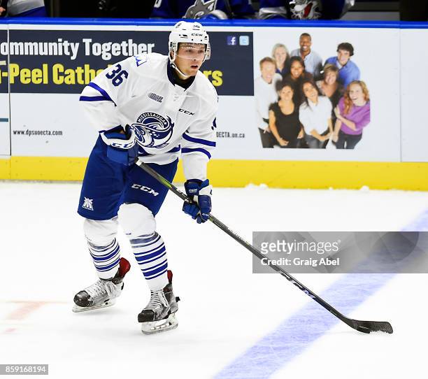 Austin Osmanski of the Mississauga Steelheads controls the puck against the Sudbury Wolves during CHL game action on October 6, 2017 at Hershey...