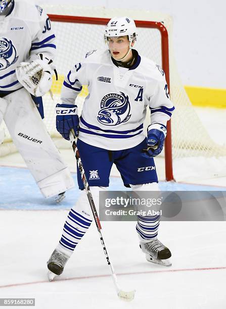 Jacob Moverare of the Mississauga Steelheads watches the play develop against the Sudbury Wolves during CHL game action on October 6, 2017 at Hershey...