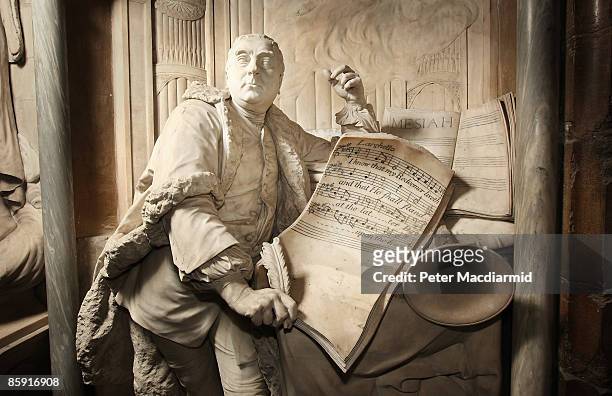 Statue of composer George Frideric Handel sits above Poets Corner, Westminster Abbey on April 8, 2009 in London. Handel, who died 250 years ago this...