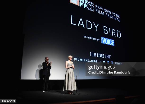 New York Film Festival director Kent Jones and writer Greta Gerwig onstage during 55th New York Film Festival screening of "Lady Bird" at Alice Tully...