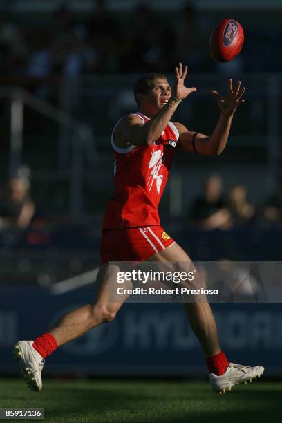 Joe Anderson of the Bullants marks during the round one VFL match between the Northern Bullants and the Bendigo Bombers at Visy Park on April 12,...