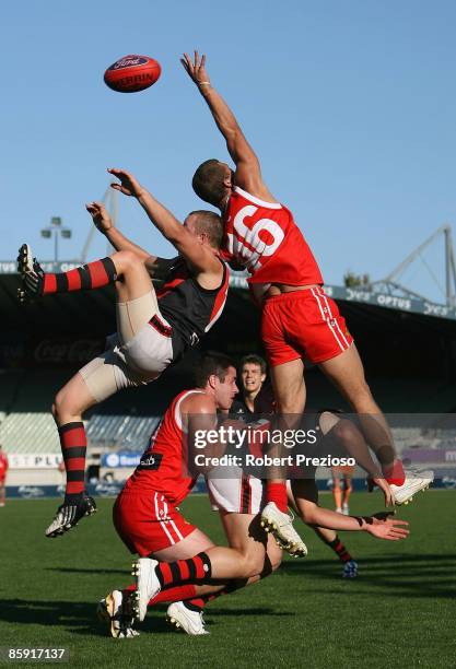 Players fly for the ball during the round one VFL match between the Northern Bullants and the Bendigo Bombers at Visy Park on April 12, 2009 in...