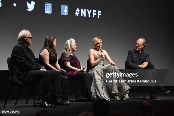 Tracy Letts, Beanie Feldstein, Lois Smith, Greta Gerwig, and Kent Jones onstage during 55th New York Film Festival screening of "Lady Bird" at Alice...