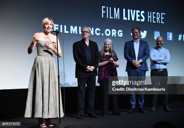 Greta Gerwig, Beanie Feldstein, Tracy Letts, Lois Smith, and Sam Levy onstage during 55th New York Film Festival screening of "Lady Bird" at Alice...