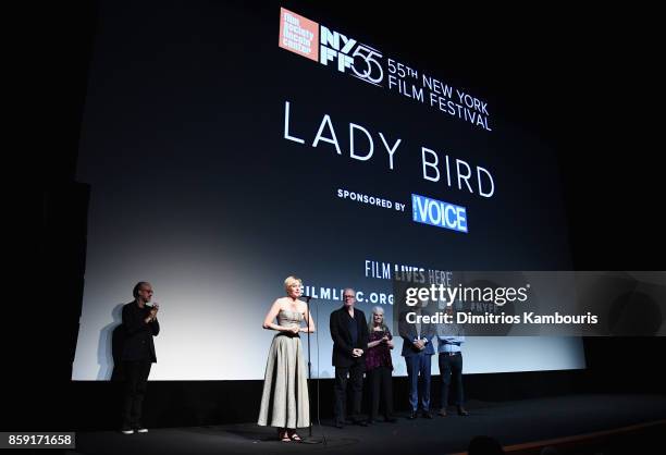 Kent Jones, Greta Gerwig, Beanie Feldstein, Tracy Letts, Lois Smith, and Sam Levy onstage during 55th New York Film Festival screening of "Lady Bird"...