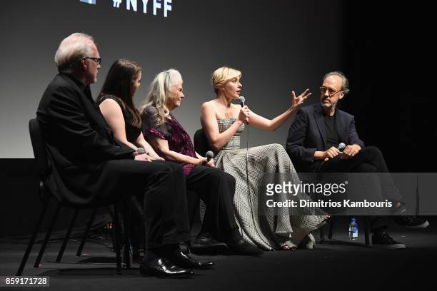 Tracy Letts, Beanie Feldstein, Lois Smith, Greta Gerwig, and Kent Jones onstage during 55th New York Film Festival screening of "Lady Bird" at Alice...