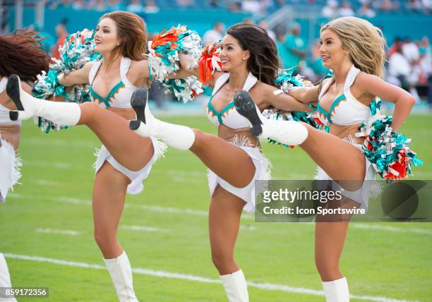 Miami Dolphins cheerleaders perform during an NFL game between the Tennessee Titans and the Miami Dolphins on October 8, 2017 at the Hard Rock...