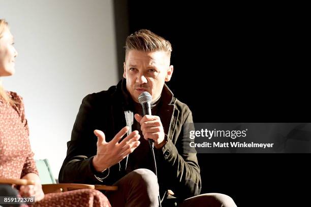 Actors Elizabeth Olsen and Jeremy Renner attend the "Wind River" Q&A at Aero Theatre on October 8, 2017 in Santa Monica, California.