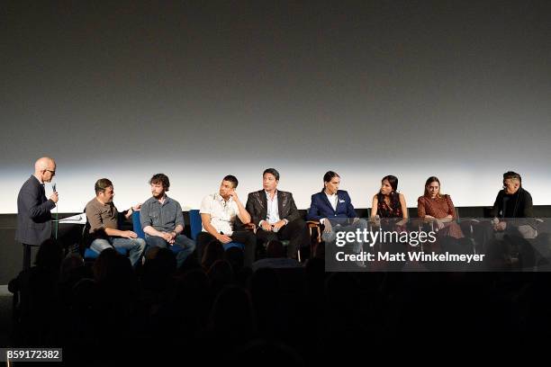 Moderator John Horn, producer Matthew George, cinematographer Ben Richardson, and actors Martin Sensmeier, Gil Birmingham, Tokala Clifford, Kelsey...