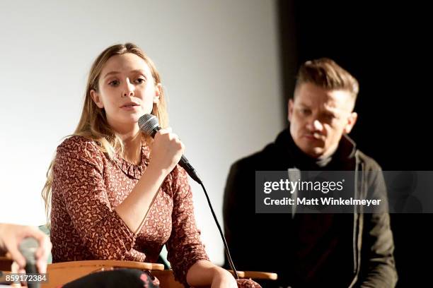 Actors Elizabeth Olsen and Jeremy Renner attend the "Wind River" Q&A at Aero Theatre on October 8, 2017 in Santa Monica, California.