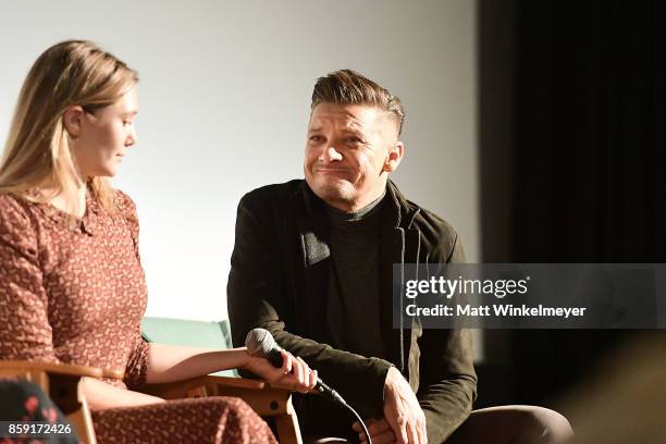 Actors Elizabeth Olsen and Jeremy Renner attend the "Wind River" Q&A at Aero Theatre on October 8, 2017 in Santa Monica, California.