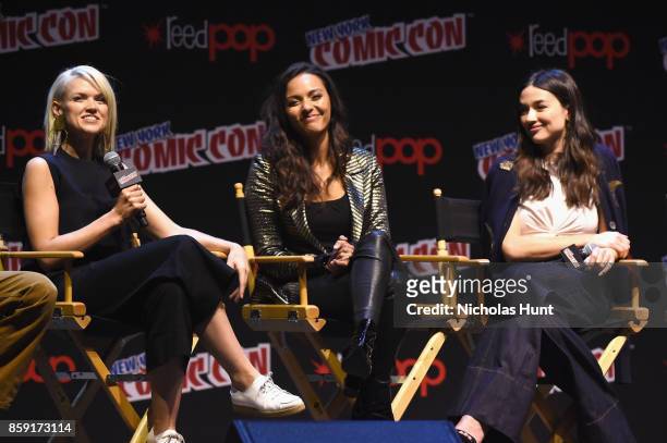Erin Richards and Jessica Lucas speak onstage at the Gotham Panel during 2017 New York Comic Con on October 8, 2017 in New York City.