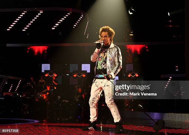Benny Kieckhaeben performs his song during the rehearsal for the singer qualifying contest DSDS 'Deutschland sucht den Superstar' 5th motto show on...